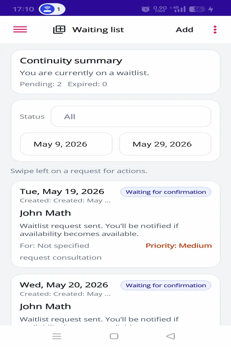 Patient healthcare waitlist dashboard showing current appointment request status.