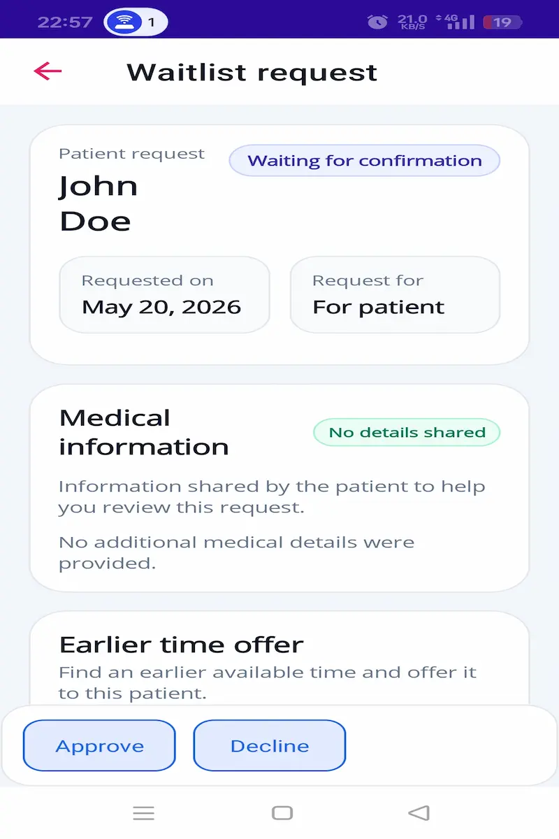 Professional patient interest coordination workflow for earlier healthcare visit opportunities.